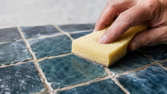 Hand scrubbing blue ceramic tile grout with a yellow sponge, soap suds, and water during household surface cleaning in detailed close-up view