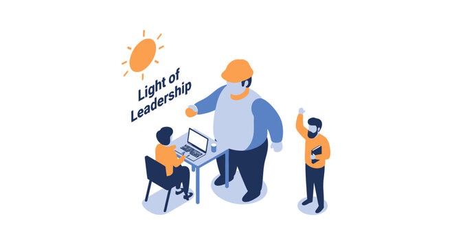 Isometric Illustration of Leadership Guiding Team Members with Technology.