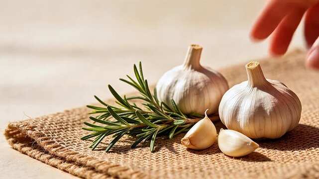 Garlic and rosemary on burlap