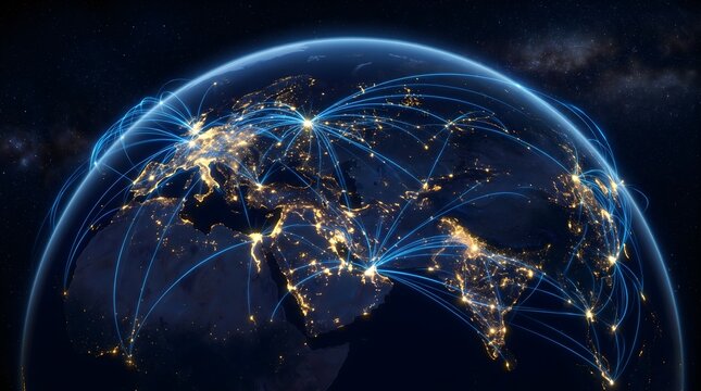 Global energy network abstract visualization with all blue glowing nodes connected by luminous lines on dark world map background