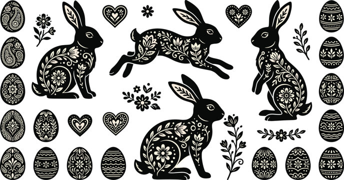 Ornate Easter rabbit collection, decorative bunny silhouettes with floral patterns, folk art easter eggs, hearts and flowers vector set for decor.