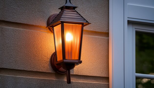 dim and warm orange outdoor wall lamp on the exterior wall of a house