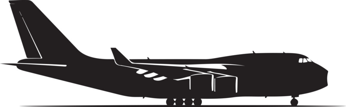 Airplane silhouette, black aircraft icon, plane side view, aviation symbol