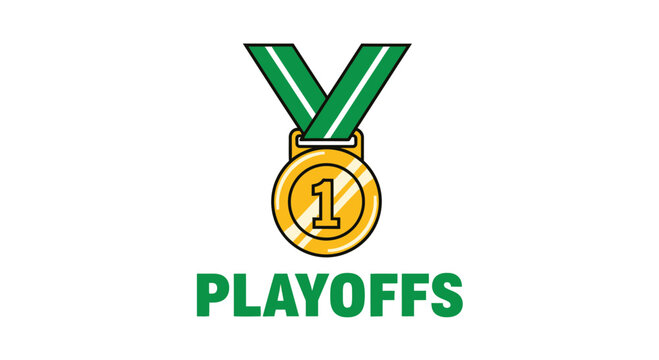 Playoffs First Place Champion Medal with Green Ribbon and Championship Text Illustration
