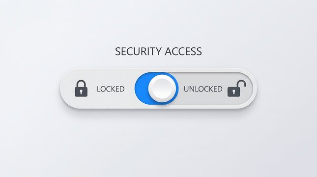 Minimalist security access slider ui component for mobile applications featuring a smooth blue toggle switch set to unlocked state on a clean light gray background interface