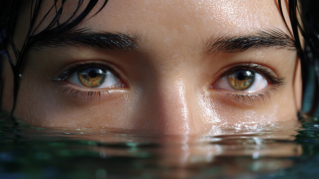 Close up of woman eyes emerging above water surface with wet skin and intense gaze creating dramatic beauty and wellness concept
