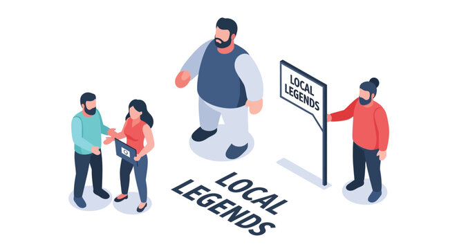 Isometric Illustration of Local Legends Sign and People.