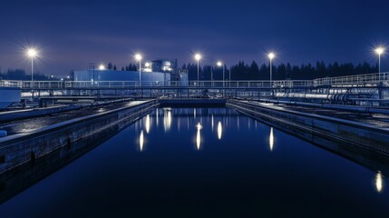 Fototapeta premium Night view of water treatment facility with lights reflecting on water and dark sky
