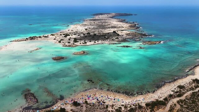 Aerial view of Elafonisi beach in the municipality of Kissamos in the region of Chania, Crete, Greece