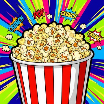Colorful Popcorn Bucket with Comic Effects.