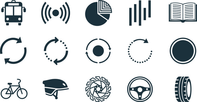 Modern transport, technology and interface vector icon set featuring bus, signal, analytics charts, refresh arrows, bicycle, helmet and mechanical components