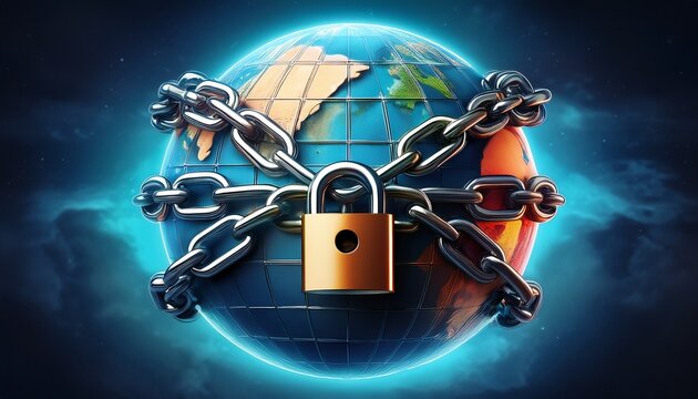 a globe encased in chains and padlocks blocking free trade between countries locked global economy international restriction concept