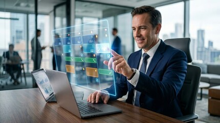 Fototapeta premium Businessman interacts with floating digital calendar in office