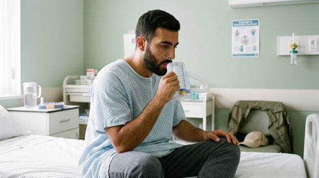 Young male patient using spirometer for respiratory rehabilitation in hospital room