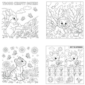 Baby lion coloring pages with jungle scenes and spot the difference game lion cub jungle animals