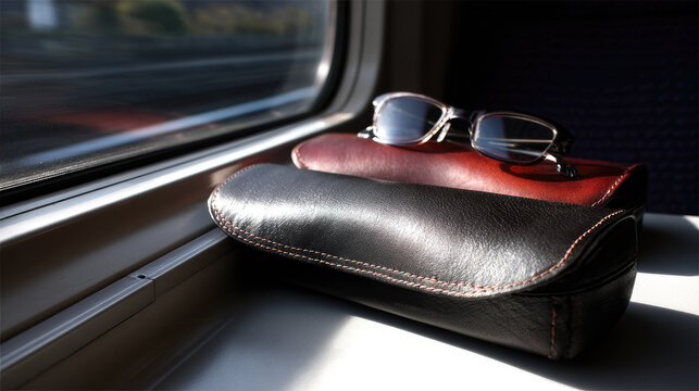 Night train window glow softly illuminates leather eyeglass case and reading glasses resting on windowsill creating calm and reflective travel atmosphere