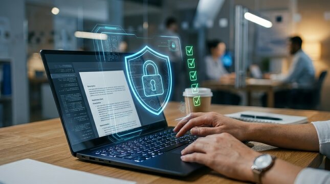 Hands working on laptop displaying digital security shield and padlock