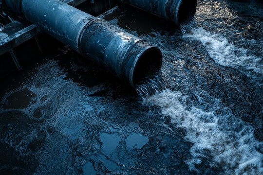 Polluted wastewater flowing through industrial pipes into dark water under dramatic lighting in an editorial style scene