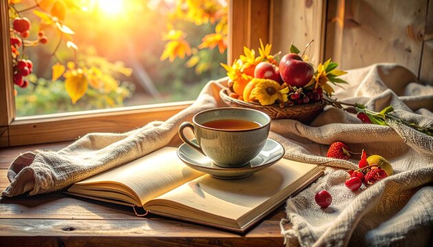 Warm Low Tech Morning Still Life with Tea Journal and Fruit