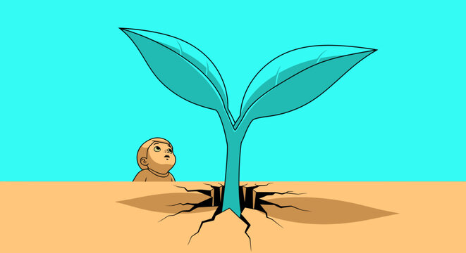 A small seedling sprouts from cracked dry earth, symbolizing new beginnings and growth.