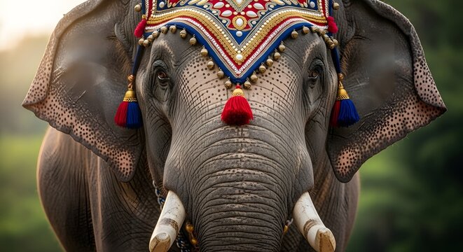 Majestic Indian elephant adorned with intricate ceremonial decorations, ready for a festival procession with a blurred natural backdrop, symbolizing cultural heritage and tradition