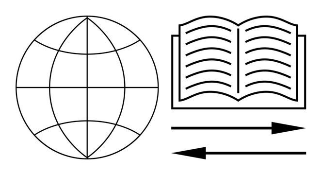 Education, translation, communication, globalization, knowledge sharing, international learning. A globe beside an open book with arrows. Education and translation concept with global focus