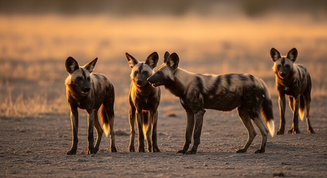African Wild Dogs Standing in Golden Hour Light.