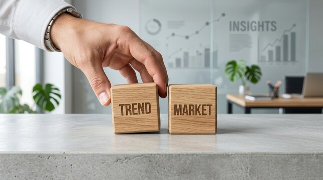 Hand positioning trend market cubes in office analytics