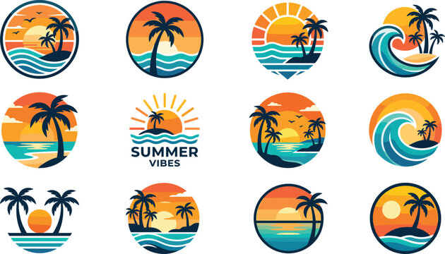 Tropical summer beach badge collection featuring sunset waves, palm trees, island paradise logos, vibrant coastal vector illustrations designs