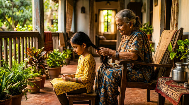 Elderly woman braiding young girls hair on porch surrounded by plants