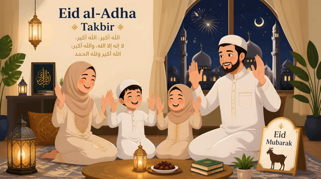 Happy Eid al-Adha Mubarak to a Muslim Family Celebrating with Takbir and Joyful Expressions
