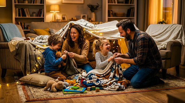 Family building a fort with blankets and lights in living room at home