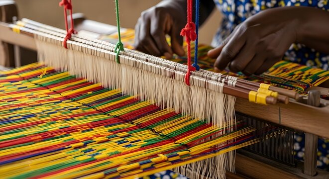 Close-up of a weavers hands operating a traditional loom, creating a vibrant, colorful textile with intricate patterns.