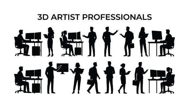 DevOps Engineer silhouettes set, professional IT specialist silhouettes in various poses, black vector figures of system administrators and tech workers
