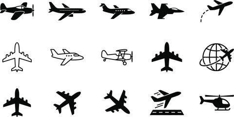 Airplane and Aircraft Icon Set with Commercial Jet, Fighter, Biplane, Helicopter, Globe, and Runway Silhouette Aviation Symbols © Md