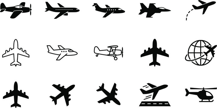 Airplane and Aircraft Icon Set with Commercial Jet, Fighter, Biplane, Helicopter, Globe, and Runway Silhouette Aviation Symbols
