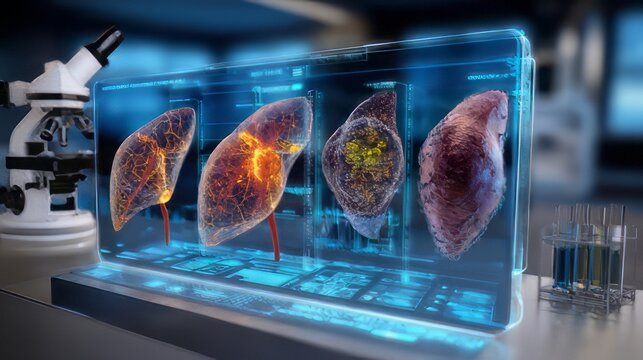 Liver biopsy, liver disease, transitioning from a healthy organ to one affected by fatty deposits, severe scarring (cirrhosis), and finally, cancerous tumor growth.