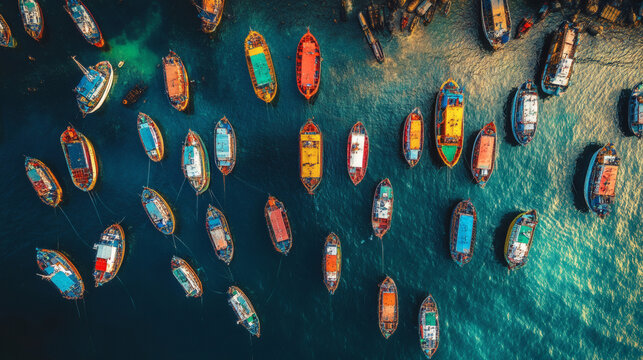 Aerial view of numerous colorful fishing boats anchored in calm turquoise waters forming a vibrant maritime pattern with gentle ripples reflecting sunlight on the surface - operation.
