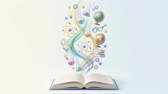 Open book with science and education symbols rising upward