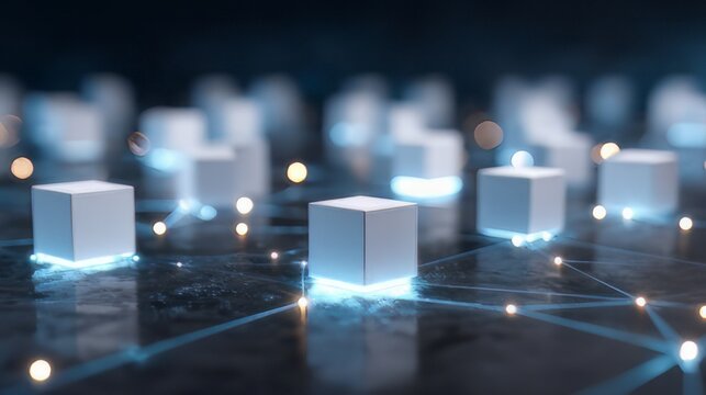 Distributed data use decentralized technology, such as a blockchain network. Digital Data Flow with glowing cubes and interconnected lines symbolize nodes transferring information. 