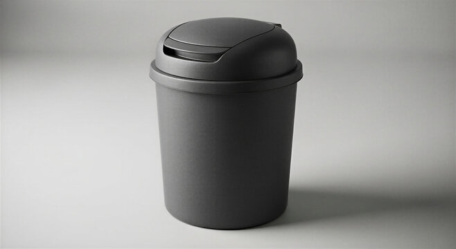 Gray plastic trash can with lid on gray background transparent background