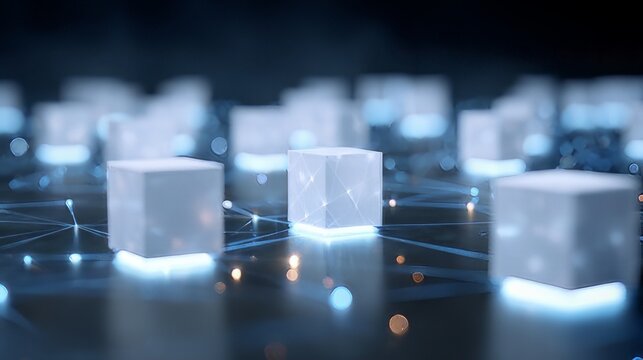 Distributed data use decentralized technology, such as a blockchain network. Digital Data Flow with glowing cubes and interconnected lines symbolize nodes transferring information. 