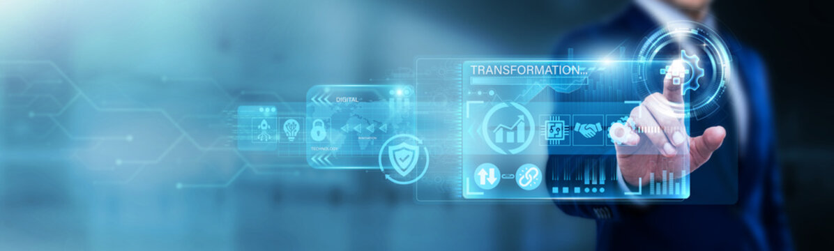 Innovation Lead pointing at Digitization on a digital screen. Converting analog records, paperless workflows, and data migration. Modernizing legacy systems for a high-tech future.