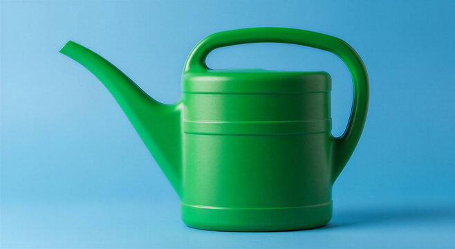 Green plastic watering can with long spout and handle on blue background transparent background