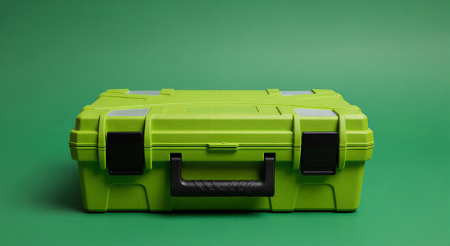 Lime green plastic tool box with black handle and latches on green background transparent background