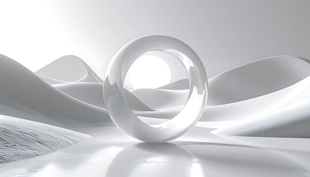 Abstract white ring sculpture in a futuristic minimalist landscape, smooth flowing curves, reflective surface, clean modern design, elegant composition