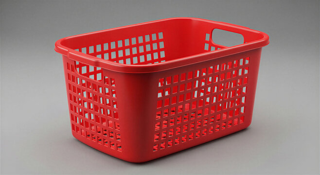 Red plastic shopping basket with handle on gray background transparent background