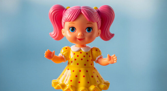 Smiling cartoon girl toy in yellow dress with red polka dots on blue background transparent background