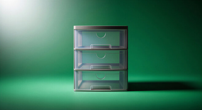 Three tier plastic drawer organizer storage container on green background transparent background