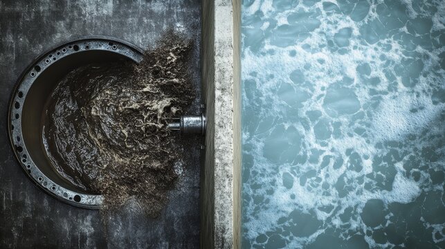 Split scene showing dirty sewage water transforming into clean clear water with modern filtration system and pipes